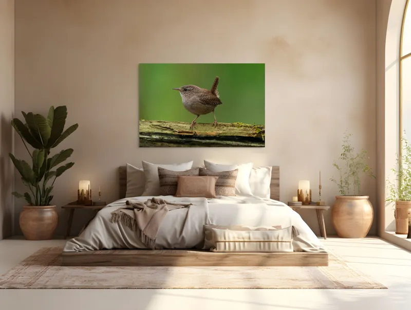 Tablou Canvas, "Micuta pasare pe crenguta verde", Pasăre, Creangă, Verdeață, Pene, Ochii, Cioc, Piciorușe, Coadă., 150 x 100 cm – poza 4