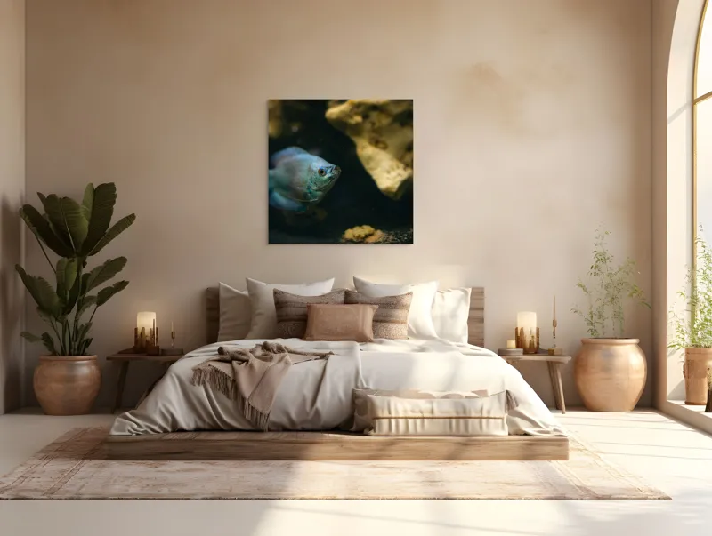 Tablou Canvas, "Peștișor albastru în adâncuri stâncoase", Pește, Albastru, Acvariu, Piatră, Apă, Înot, Lumină, Textură., 100 x 100 cm – poza 4