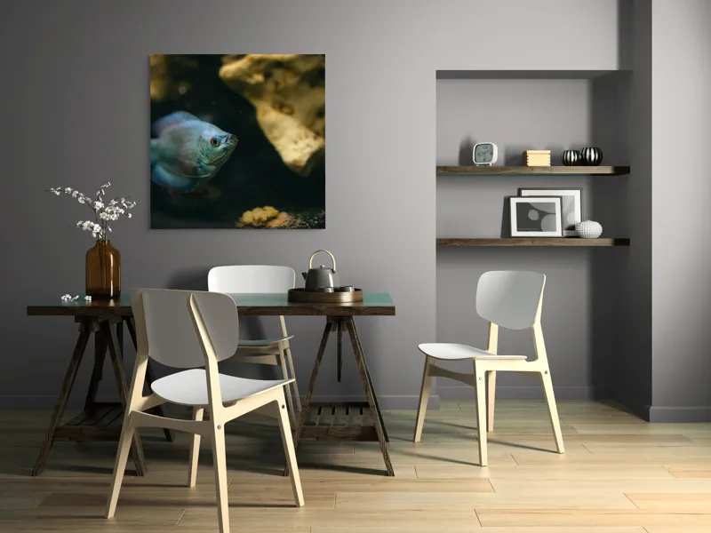 Tablou Canvas, "Peștișor albastru în adâncuri stâncoase", Pește, Albastru, Acvariu, Piatră, Apă, Înot, Lumină, Textură., 100 x 100 cm – poza 6