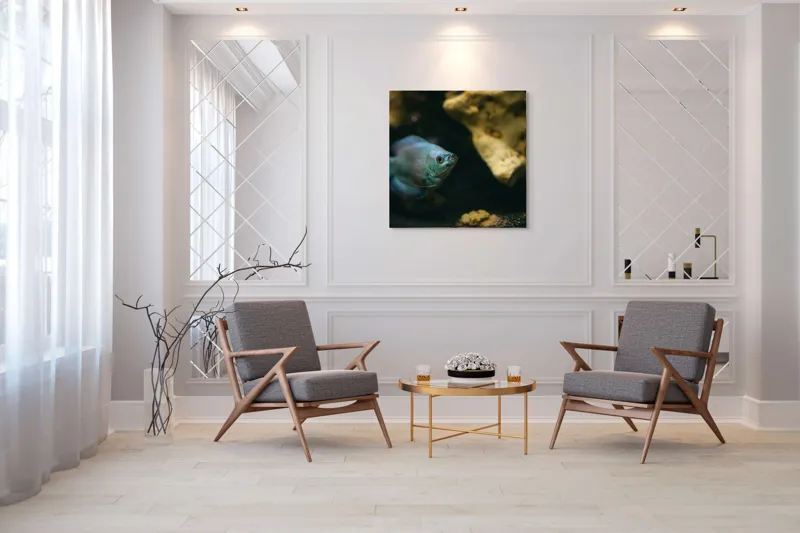 Tablou Canvas, "Peștișor albastru în adâncuri stâncoase", Pește, Albastru, Acvariu, Piatră, Apă, Înot, Lumină, Textură., 100 x 100 cm – poza 7