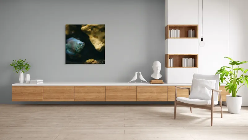 Tablou Canvas, "Peștișor albastru în adâncuri stâncoase", Pește, Albastru, Acvariu, Piatră, Apă, Înot, Lumină, Textură., 100 x 100 cm – poza 8