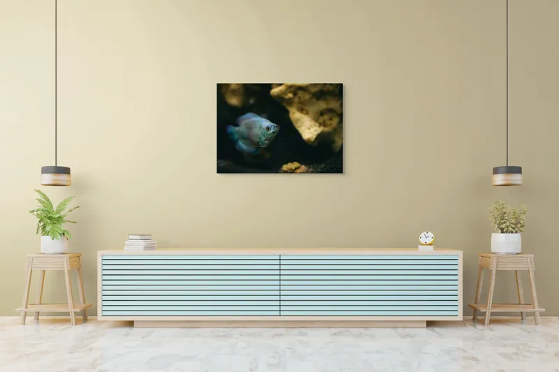 Tablou Canvas, "Peștișor albastru în adâncuri stâncoase", Pește, Albastru, Acvariu, Piatră, Apă, Înot, Lumină, Textură., 100 x 70 cm – poza 4