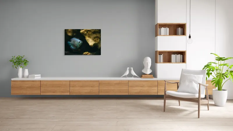 Tablou Canvas, "Peștișor albastru în adâncuri stâncoase", Pește, Albastru, Acvariu, Piatră, Apă, Înot, Lumină, Textură., 100 x 70 cm – poza 6