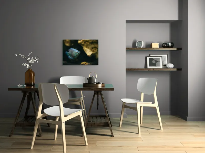 Tablou Canvas, "Peștișor albastru în adâncuri stâncoase", Pește, Albastru, Acvariu, Piatră, Apă, Înot, Lumină, Textură., 70 x 50 cm – poza 5