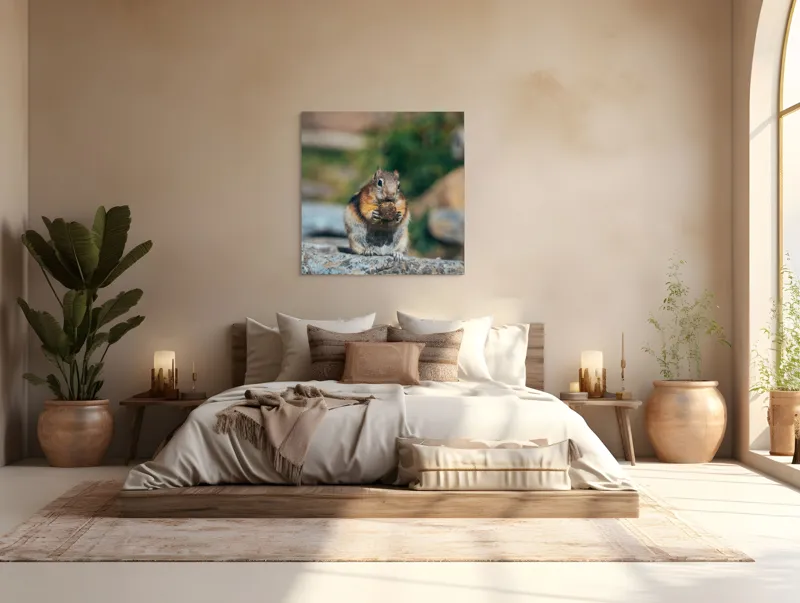 Tablou Canvas, "Veverița curajoasă savurând deliciul pufos", Veveriță, Piatră, Gustare, Blană, Privire, Natură, Roci, Focuser, Mâncare, Drăgălășenie, 100 x 100 cm – poza 4