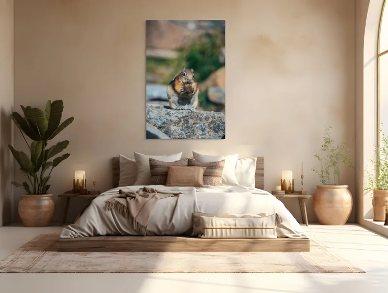 Tablou Canvas, "Veverița curajoasă savurând deliciul pufos", Veveriță, Piatră, Gustare, Blană, Privire, Natură, Roci, Focuser, Mâncare, Drăgălășenie, 100 x 150 cm – poza 3