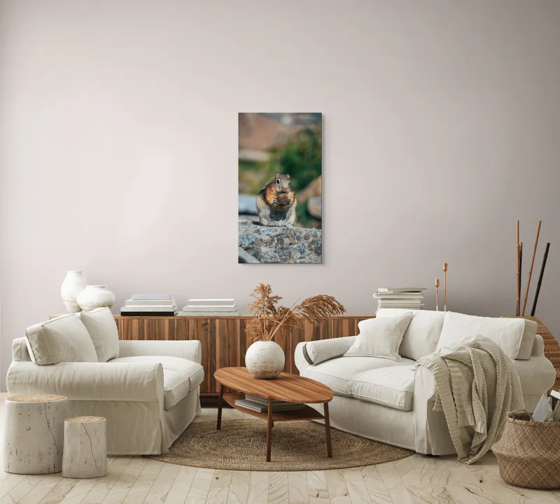 Tablou Canvas, "Veverița curajoasă savurând deliciul pufos", Veveriță, Piatră, Gustare, Blană, Privire, Natură, Roci, Focuser, Mâncare, Drăgălășenie, 50 x 90 cm – poza 7