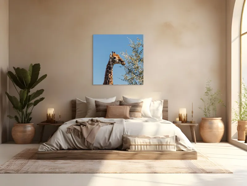 Tablou Canvas, "Giraful vesel sub cerul albastru", Giraffe, Tree, Feeding, Sky, Leaves, Nature, Wildlife, 100 x 100 cm – poza 4