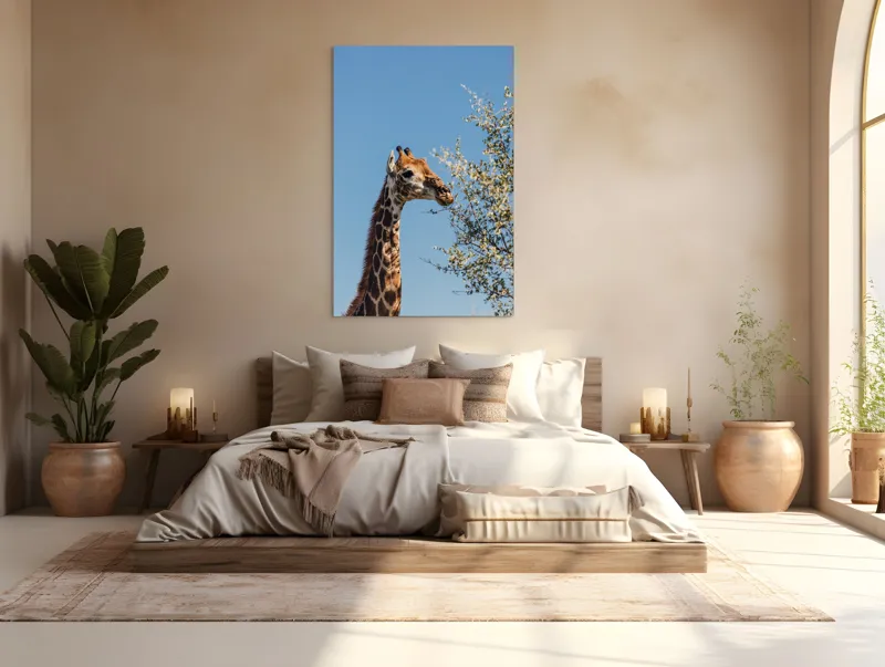 Tablou Canvas, "Giraful vesel sub cerul albastru", Giraffe, Tree, Feeding, Sky, Leaves, Nature, Wildlife, 100 x 150 cm – poza 3