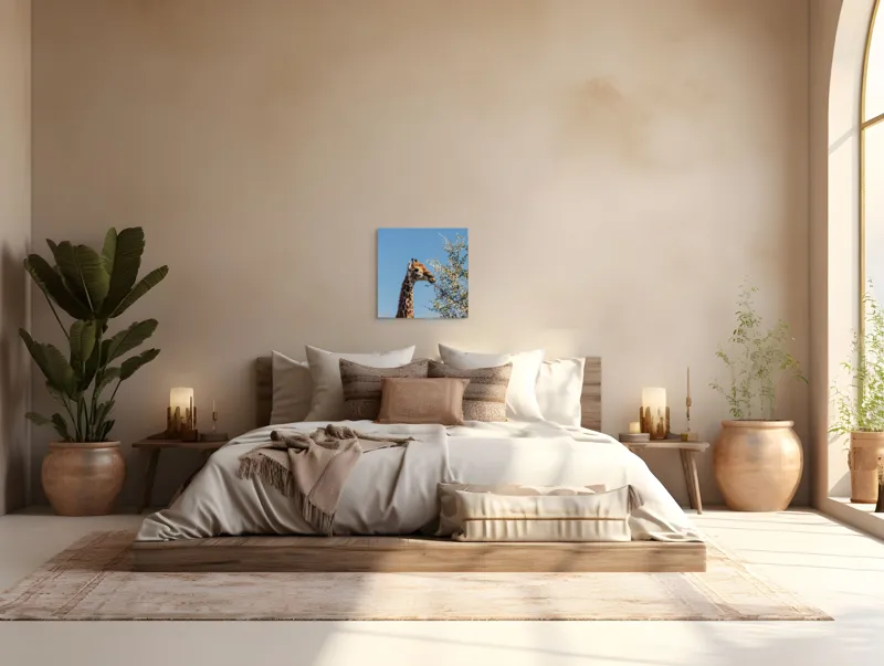 Tablou Canvas, "Giraful vesel sub cerul albastru", Giraffe, Tree, Feeding, Sky, Leaves, Nature, Wildlife, 50 x 50 cm – poza 5