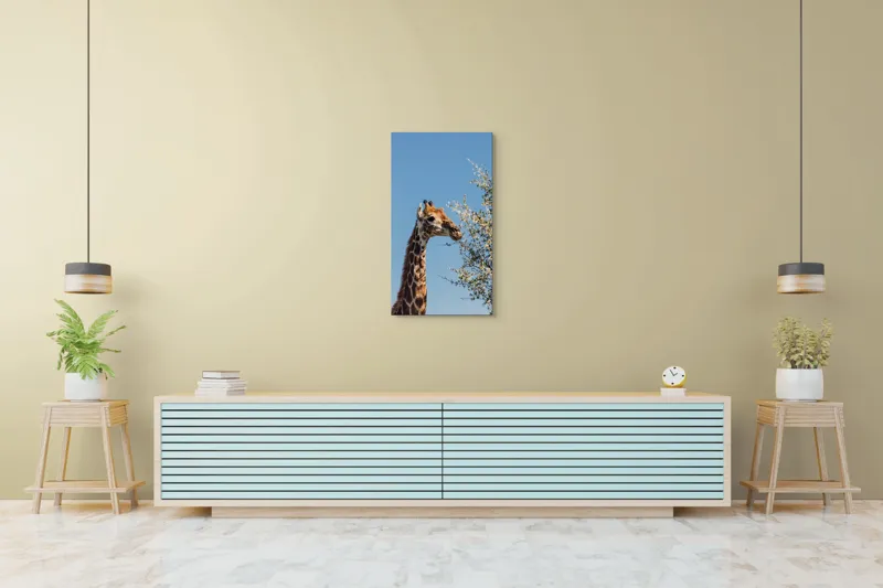 Tablou Canvas, "Giraful vesel sub cerul albastru", Giraffe, Tree, Feeding, Sky, Leaves, Nature, Wildlife, 50 x 90 cm – poza 6