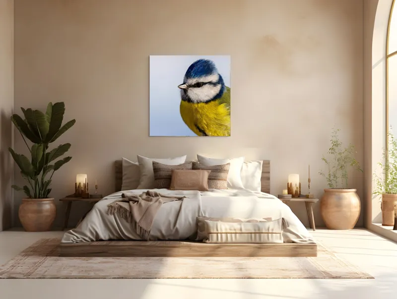 Tablou Canvas, "Albastrul cerului pe aripi delicate", Albastru, Galben, Delicat, Natură, Pene, Viu, Ochi, Contrast, Plăcut, Armonios, 100 x 100 cm – poza 4
