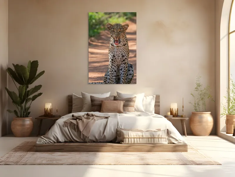 Tablou Canvas, "Leopard odihnindu-se pe potecă însorită", Leopard, Pistrui, Eleganță, Natură, Prădător, Adăpost, Blană, Putere, 100 x 150 cm – poza 3
