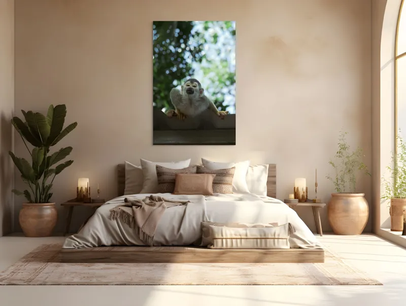 Tablou Canvas, "Maimuța contemplând cerul cu voie bună", Maimuță, Frunze, Cer, Bokeh, Gri, Blană, Lumină, Privire, 100 x 150 cm – poza 3