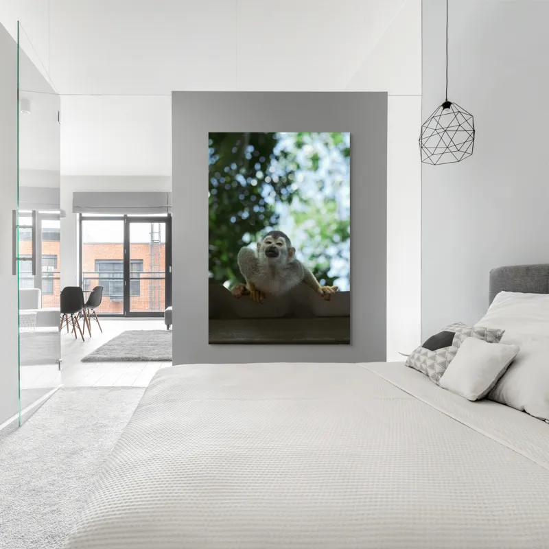Tablou Canvas, "Maimuța contemplând cerul cu voie bună", Maimuță, Frunze, Cer, Bokeh, Gri, Blană, Lumină, Privire, 100 x 150 cm – poza 5