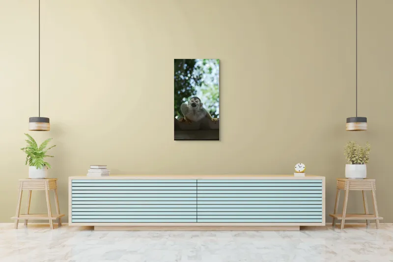 Tablou Canvas, "Maimuța contemplând cerul cu voie bună", Maimuță, Frunze, Cer, Bokeh, Gri, Blană, Lumină, Privire, 50 x 90 cm – poza 6