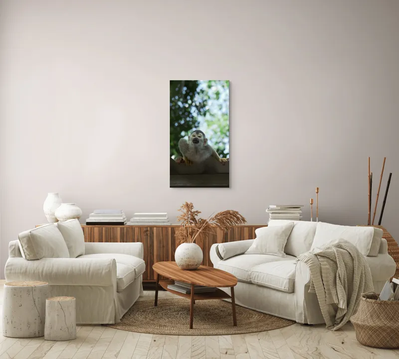 Tablou Canvas, "Maimuța contemplând cerul cu voie bună", Maimuță, Frunze, Cer, Bokeh, Gri, Blană, Lumină, Privire, 50 x 90 cm – poza 7