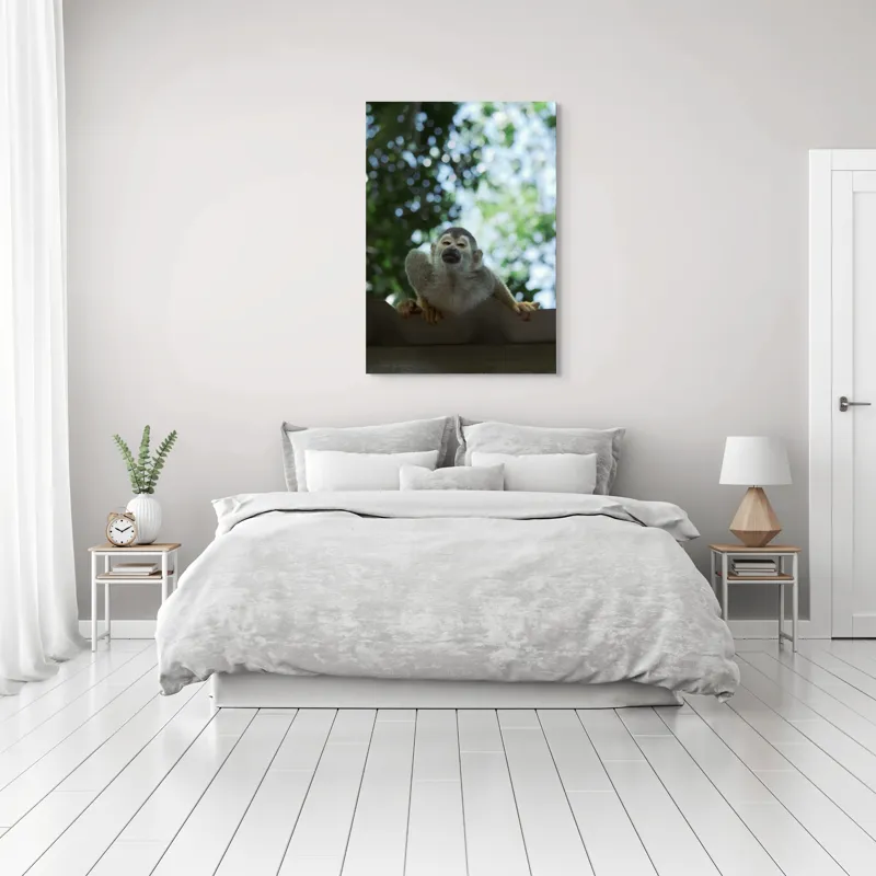 Tablou Canvas, "Maimuța contemplând cerul cu voie bună", Maimuță, Frunze, Cer, Bokeh, Gri, Blană, Lumină, Privire, 70 x 100 cm – poza 3