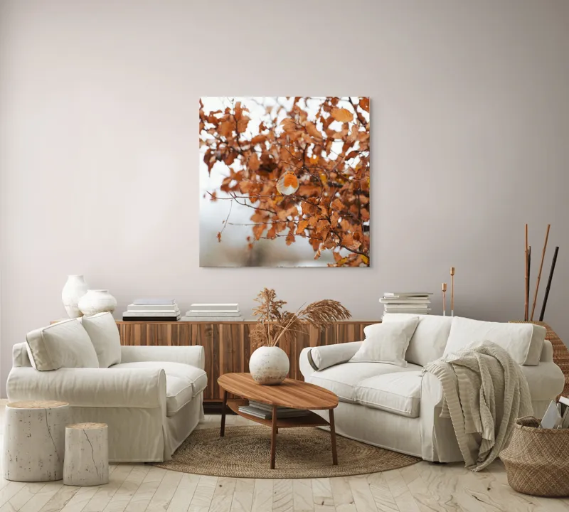 Tablou Canvas, "Pitic zburdalnic printre frunze arămii", Toamnă, Frunze, Păsărele, Ramuri, Cer, Natură, Calm, Contrast., 100 x 100 cm – poza 3