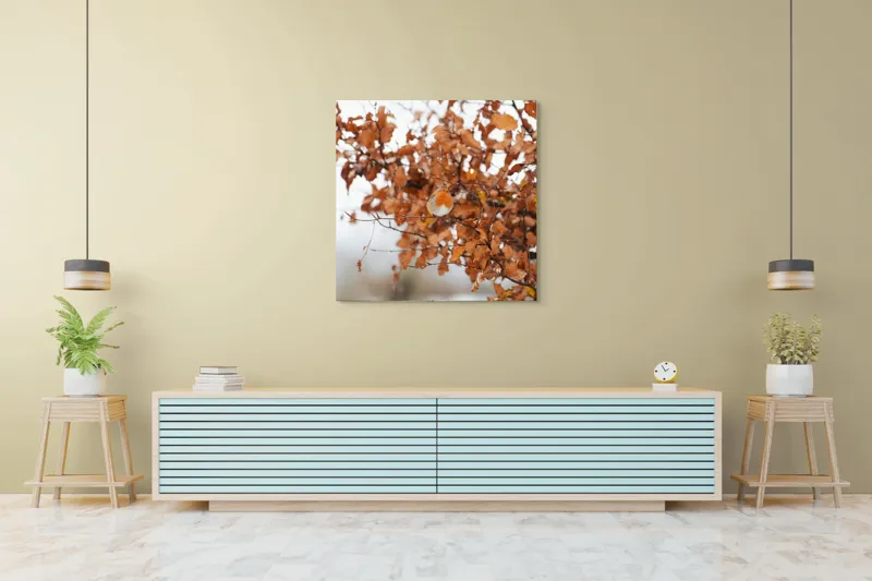 Tablou Canvas, "Pitic zburdalnic printre frunze arămii", Toamnă, Frunze, Păsărele, Ramuri, Cer, Natură, Calm, Contrast., 100 x 100 cm – poza 5