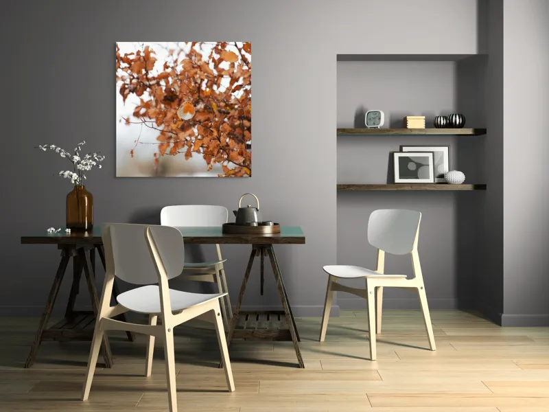 Tablou Canvas, "Pitic zburdalnic printre frunze arămii", Toamnă, Frunze, Păsărele, Ramuri, Cer, Natură, Calm, Contrast., 100 x 100 cm – poza 6