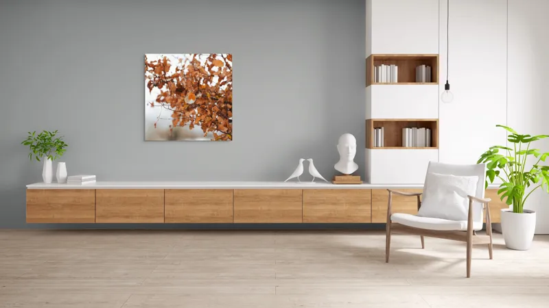 Tablou Canvas, "Pitic zburdalnic printre frunze arămii", Toamnă, Frunze, Păsărele, Ramuri, Cer, Natură, Calm, Contrast., 100 x 100 cm – poza 8