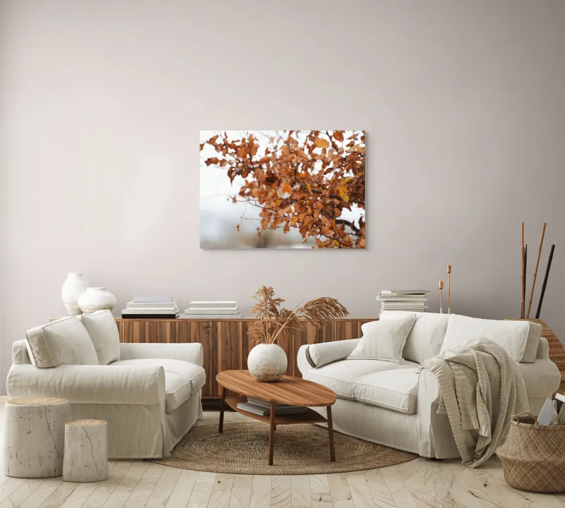 Tablou Canvas, "Pitic zburdalnic printre frunze arămii", Toamnă, Frunze, Păsărele, Ramuri, Cer, Natură, Calm, Contrast., 100 x 70 cm – poza 3