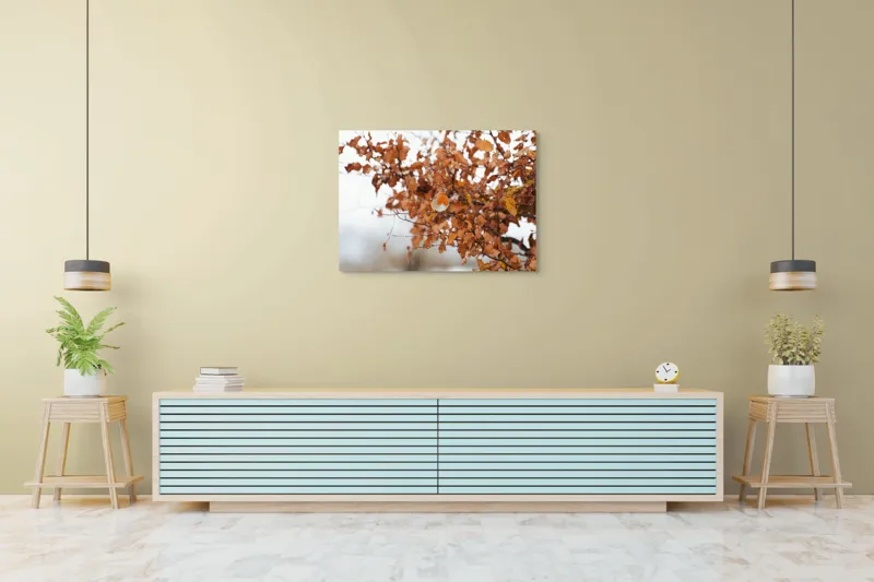 Tablou Canvas, "Pitic zburdalnic printre frunze arămii", Toamnă, Frunze, Păsărele, Ramuri, Cer, Natură, Calm, Contrast., 100 x 70 cm – poza 4