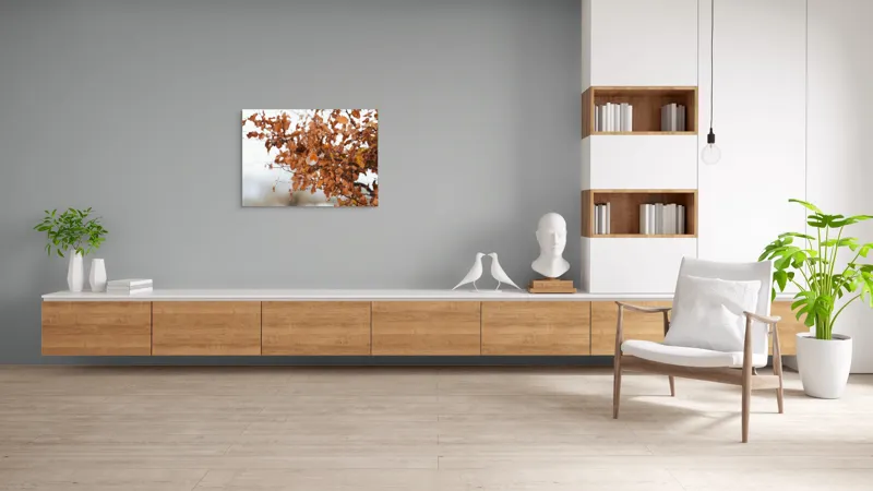 Tablou Canvas, "Pitic zburdalnic printre frunze arămii", Toamnă, Frunze, Păsărele, Ramuri, Cer, Natură, Calm, Contrast., 100 x 70 cm – poza 6