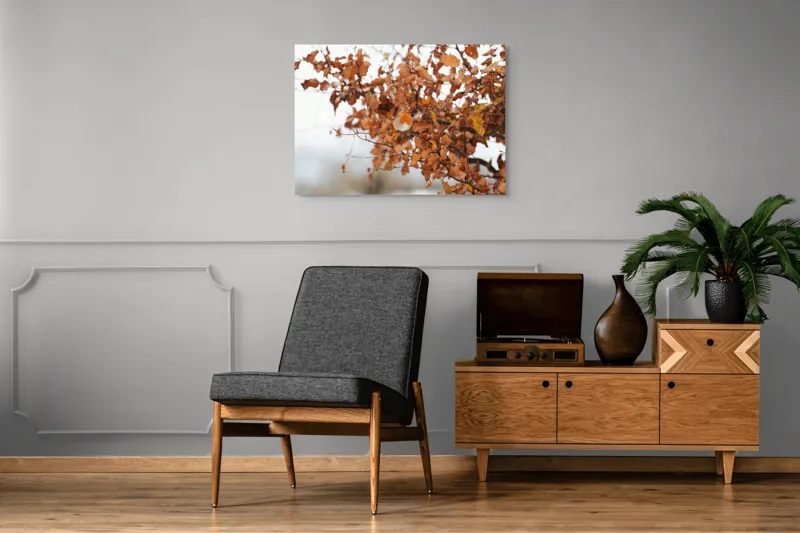 Tablou Canvas, "Pitic zburdalnic printre frunze arămii", Toamnă, Frunze, Păsărele, Ramuri, Cer, Natură, Calm, Contrast., 100 x 70 cm – poza 8