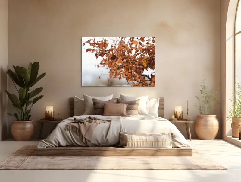 Tablou Canvas, "Pitic zburdalnic printre frunze arămii", Toamnă, Frunze, Păsărele, Ramuri, Cer, Natură, Calm, Contrast., 150 x 100 cm – poza 4