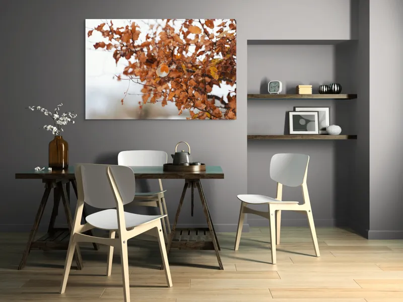 Tablou Canvas, "Pitic zburdalnic printre frunze arămii", Toamnă, Frunze, Păsărele, Ramuri, Cer, Natură, Calm, Contrast., 150 x 100 cm – poza 5