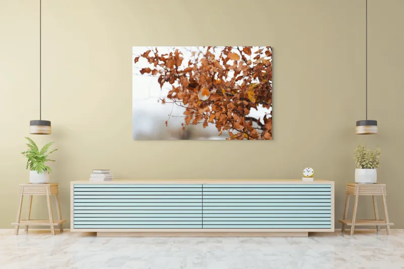 Tablou Canvas, "Pitic zburdalnic printre frunze arămii", Toamnă, Frunze, Păsărele, Ramuri, Cer, Natură, Calm, Contrast., 150 x 100 cm – poza 6