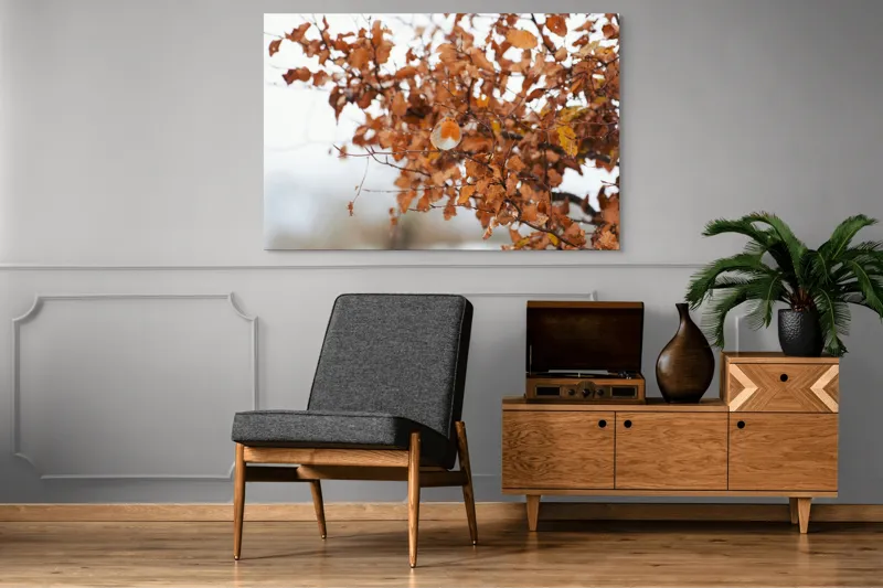 Tablou Canvas, "Pitic zburdalnic printre frunze arămii", Toamnă, Frunze, Păsărele, Ramuri, Cer, Natură, Calm, Contrast., 150 x 100 cm – poza 8