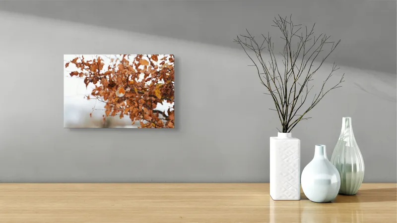 Tablou Canvas, "Pitic zburdalnic printre frunze arămii", Toamnă, Frunze, Păsărele, Ramuri, Cer, Natură, Calm, Contrast., 39 x 26 cm – poza 8