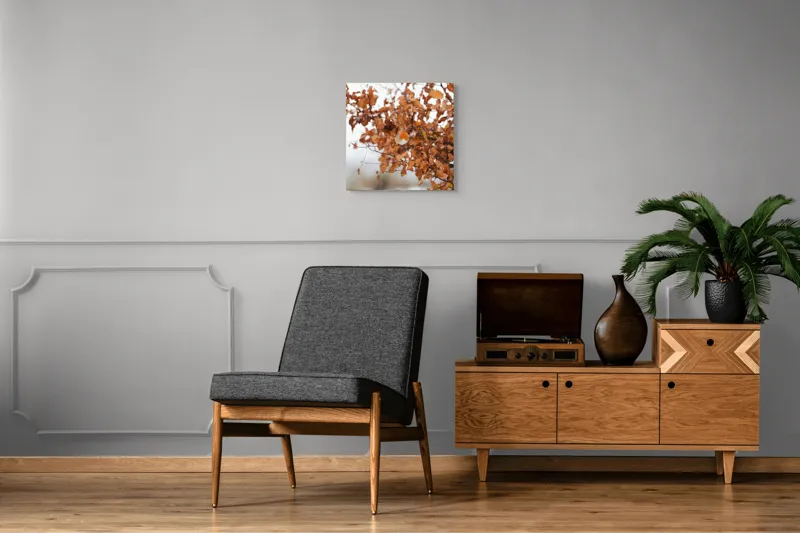 Tablou Canvas, "Pitic zburdalnic printre frunze arămii", Toamnă, Frunze, Păsărele, Ramuri, Cer, Natură, Calm, Contrast., 50 x 50 cm – poza 6
