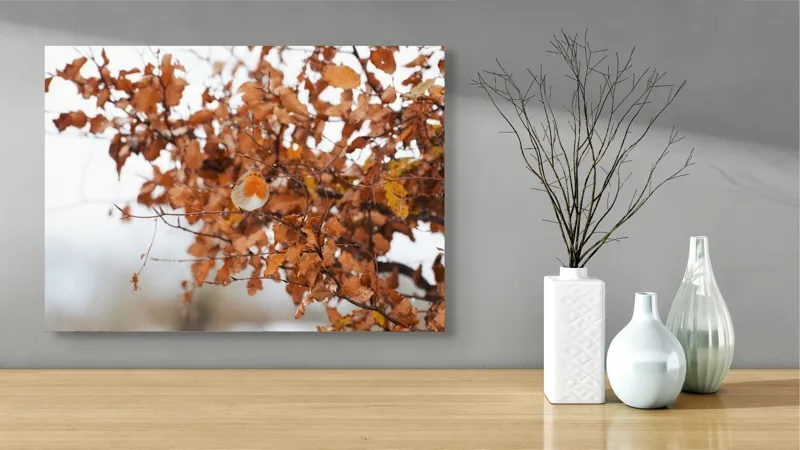 Tablou Canvas, "Pitic zburdalnic printre frunze arămii", Toamnă, Frunze, Păsărele, Ramuri, Cer, Natură, Calm, Contrast., 70 x 50 cm – poza 3