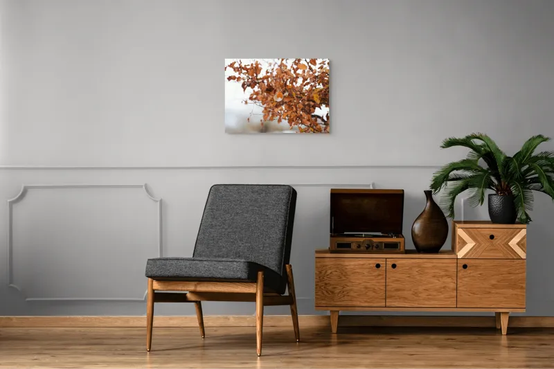 Tablou Canvas, "Pitic zburdalnic printre frunze arămii", Toamnă, Frunze, Păsărele, Ramuri, Cer, Natură, Calm, Contrast., 70 x 50 cm – poza 4