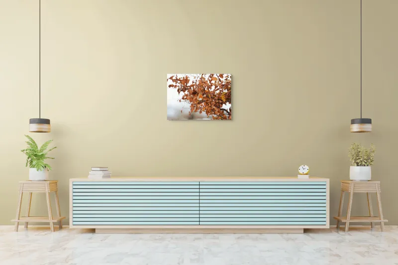 Tablou Canvas, "Pitic zburdalnic printre frunze arămii", Toamnă, Frunze, Păsărele, Ramuri, Cer, Natură, Calm, Contrast., 70 x 50 cm – poza 7
