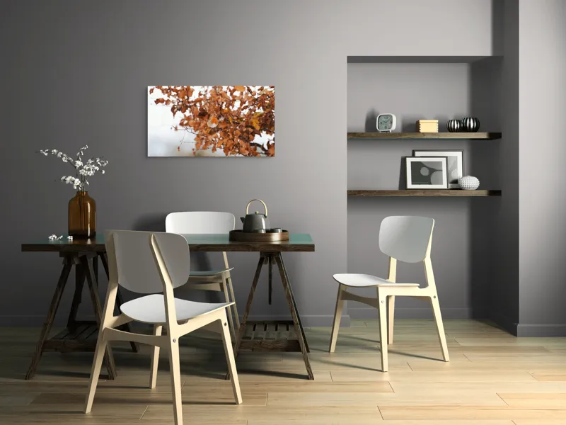 Tablou Canvas, "Pitic zburdalnic printre frunze arămii", Toamnă, Frunze, Păsărele, Ramuri, Cer, Natură, Calm, Contrast., 90 x 50 cm – poza 3