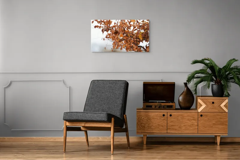Tablou Canvas, "Pitic zburdalnic printre frunze arămii", Toamnă, Frunze, Păsărele, Ramuri, Cer, Natură, Calm, Contrast., 90 x 50 cm – poza 6