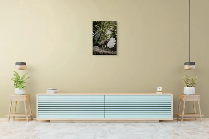Tablou Canvas, "Pisica pe stâncă printre frunze", Pisică, Tufișuri, Zid, Natură, Verdeață, Pământ, Blană, Privire., 50 x 70 cm – poza 6