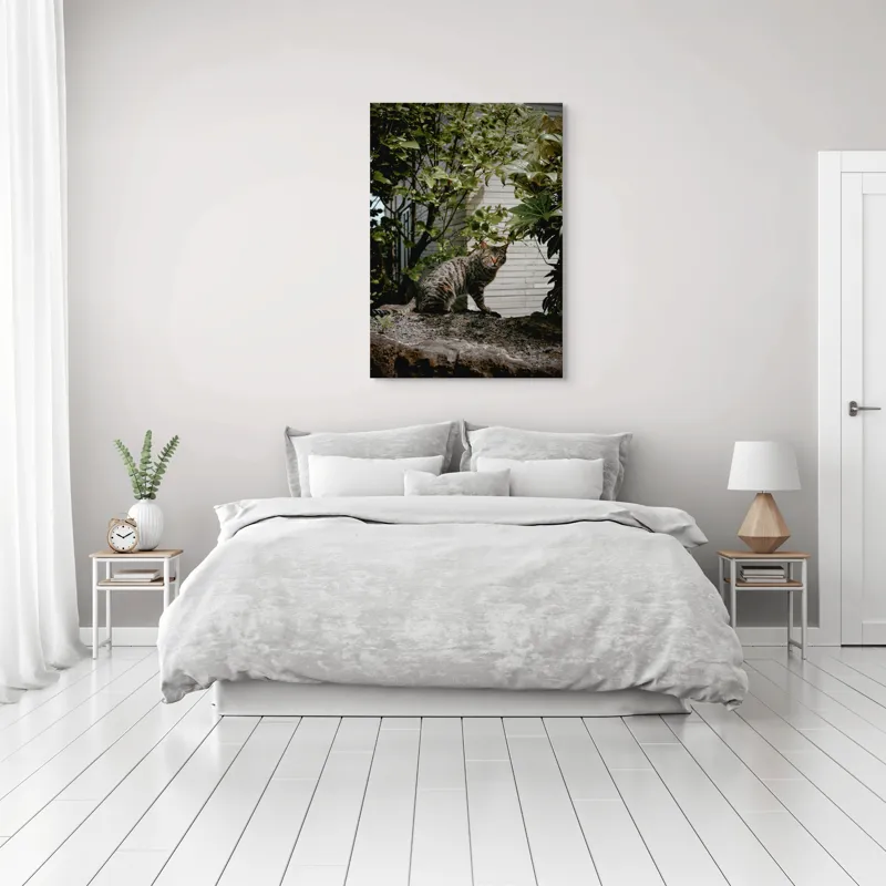 Tablou Canvas, "Pisica pe stâncă printre frunze", Pisică, Tufișuri, Zid, Natură, Verdeață, Pământ, Blană, Privire., 70 x 100 cm – poza 3