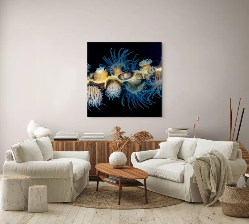 Tablou Canvas, "Dansul exotic al coralilor subacvatici", Flori, Coral, Tentacule, Albastru, Marin, Complexitate, Frumusețe, Natură, Biodiversitate, Ocean., 100 x 100 cm – poza 3