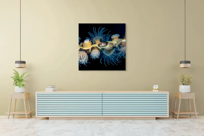 Tablou Canvas, "Dansul exotic al coralilor subacvatici", Flori, Coral, Tentacule, Albastru, Marin, Complexitate, Frumusețe, Natură, Biodiversitate, Ocean., 100 x 100 cm – poza 5