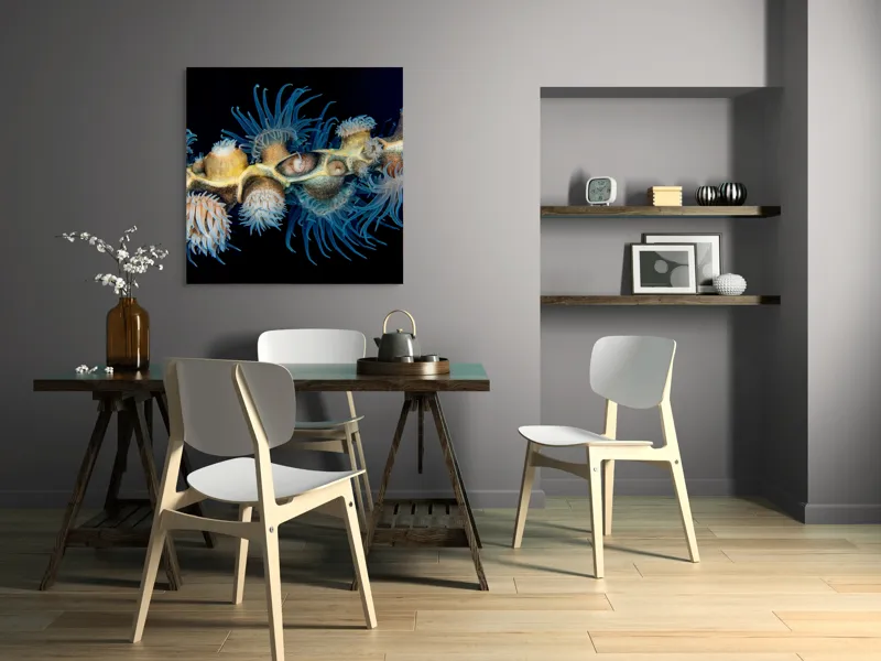 Tablou Canvas, "Dansul exotic al coralilor subacvatici", Flori, Coral, Tentacule, Albastru, Marin, Complexitate, Frumusețe, Natură, Biodiversitate, Ocean., 100 x 100 cm – poza 6