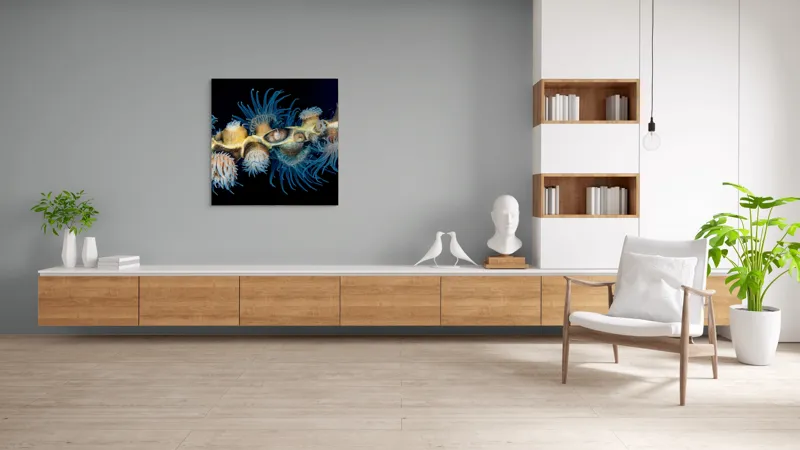 Tablou Canvas, "Dansul exotic al coralilor subacvatici", Flori, Coral, Tentacule, Albastru, Marin, Complexitate, Frumusețe, Natură, Biodiversitate, Ocean., 100 x 100 cm – poza 8
