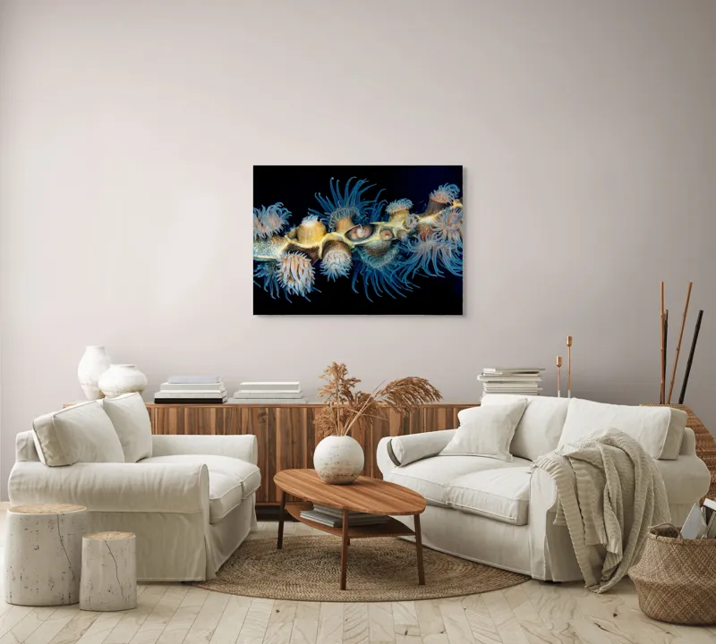 Tablou Canvas, "Dansul exotic al coralilor subacvatici", Flori, Coral, Tentacule, Albastru, Marin, Complexitate, Frumusețe, Natură, Biodiversitate, Ocean., 100 x 70 cm – poza 3