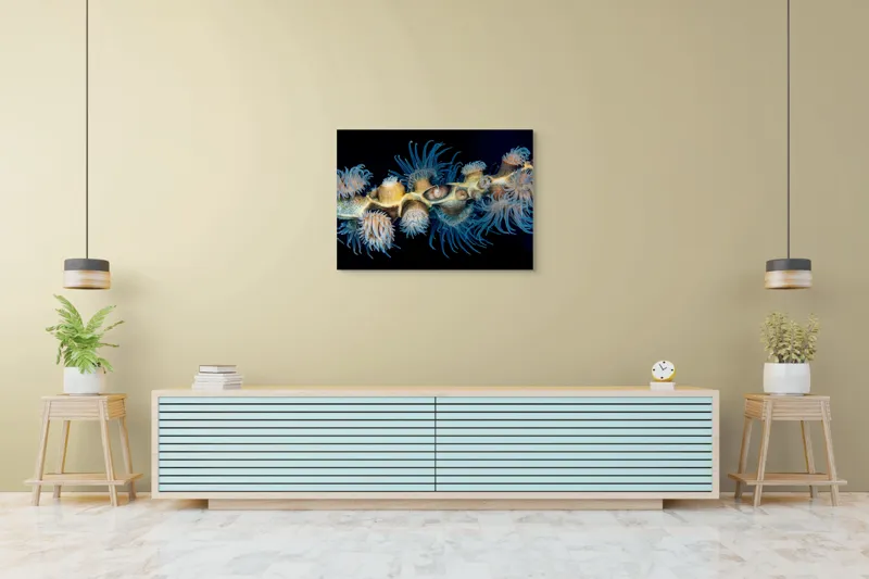 Tablou Canvas, "Dansul exotic al coralilor subacvatici", Flori, Coral, Tentacule, Albastru, Marin, Complexitate, Frumusețe, Natură, Biodiversitate, Ocean., 100 x 70 cm – poza 4