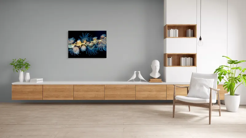 Tablou Canvas, "Dansul exotic al coralilor subacvatici", Flori, Coral, Tentacule, Albastru, Marin, Complexitate, Frumusețe, Natură, Biodiversitate, Ocean., 100 x 70 cm – poza 6